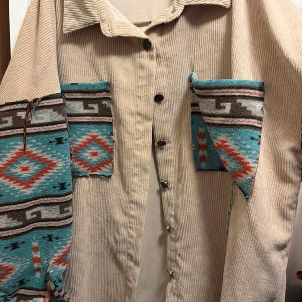 Beige Corduroy Shirt with Patterned Pockets